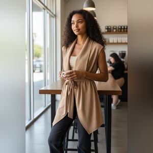 Strreetwear Society Tan Open Front Cardigan with Belt